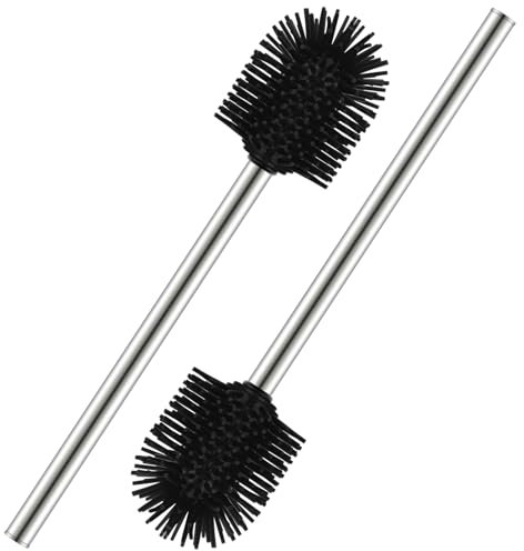 Valschen 2 Set Silikon Klobürsten, WC Bürsten mit 8cm Durchmesser Toilettenbürste, auswechselbarem Bürstenkopf, Toilettenbürste mit Edelstahl Griff 28cm Ersatzbürste mit Silikon Bürstenkopf Schwarz