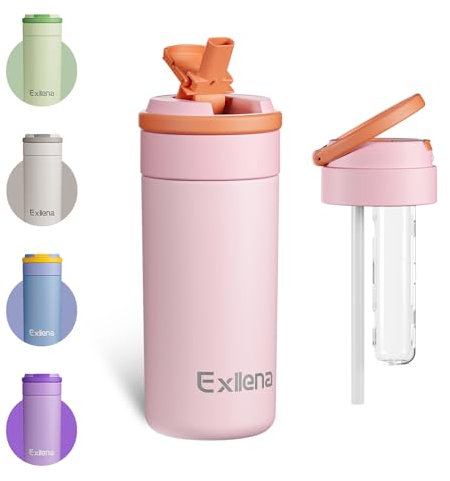 Exllena Insulated Water Bottles with Straw and Handle - 500ml - Leakproof - Creative and Practical Design, Stainless Steel Water Bottle for Hydration On-The-Go, Travel, School, Work, Sport...(Pink)