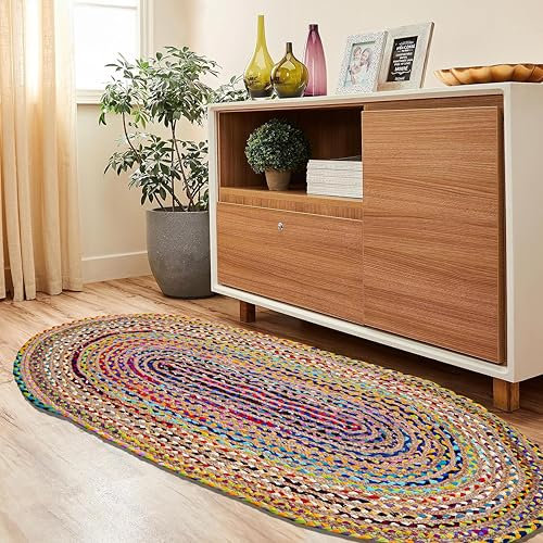Craft Trade Bunt Waschbarer Boho Jute Teppich Reversibel Geflochten Handgewebt Oval Flickenteppich für Küche Wohnzimmer und Schlafzimmer- 90x150 cm