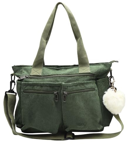 TNSLAND Cord Damen Umhängetasche Groß Handtasche Schultertaschen Reißverschluss Mehrfachtasche Shopper Tasche Tote Bag Damen Cord Tasche Beutel für Alltag, Büro, Schulausflug und Einkauf (Grünes)