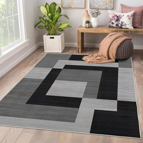 AMEHA Rugs Living Room Large 160x230 cm - Milo Black & Grey Rug for Bedroom | Easy to Clean Non Slip Modern Carpet Non Shedding Geometric Style Durable Soft Low Pile Large Bedside Rug for Kids Room