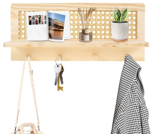 NIHUIFDPY Rattan Floating Shelf with 4 Hooks, Decorative Wooden Wall Shelf Key Hanger, Wall Mount Picture Ledge Display Stand for Entryway Nursery Hallway Office Home