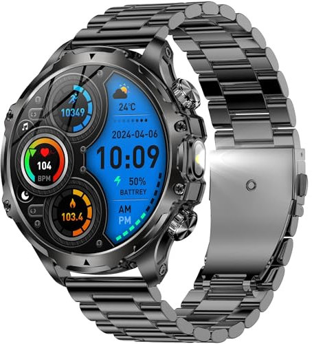 Smartwatch Herren mit Telefonfunktion, 800mAh Akku, 1,85” AMOLED 5ATM Wasserdichte Fitnessuhr mit Schrittzähler SpO2, Schlafmonitor, 123 Sportmodi Aktivitätstracker für Android iOS (Schwarzer Stahl)