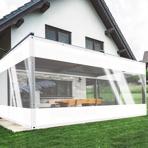 SSFMSF Tarpaulin Transparent with Eyelets Outdoor Pergola Cold Protection Waterproof Terrace Windshield PVC 0,5mm Tent Tarpaulin for Gazebo Garden Balcony. (H:2m*W:3.5m | 500g/m²) White+Clear