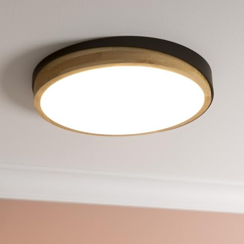 Brilliant LED Wand- & Deckenlampe mit 3-Stufen-Dimmer & schwarz-braunem Holz Rahmen vom Kautschukbaum & warmweißer Lichtfarbe (3000 K) | Ø 35 cm | 24 W | 2400 lm | aus/Kunststoff/Metall/Holz