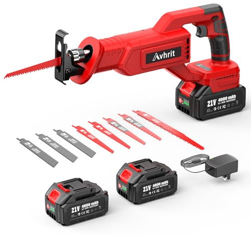 Avhrit Sega a Gattuccio 21V, Seghetto A Batteria con 2 batterie da 4000 mAh, Sega Universale A Batteria da 3000 SPM, 8 Lame per Sega Circolare con Montaggio Senza Attrezzi, per Legno e Metallo