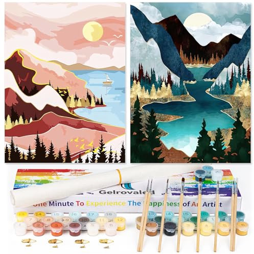 gelrovaled Peinture par Numéros pour Adulte, DIY Peinture Acrylique pour Adultes Enfants débutants Facile sur Toile, 30×40cm 2Pack, avec peintures et pinceaux, Sunset Lake Mountains