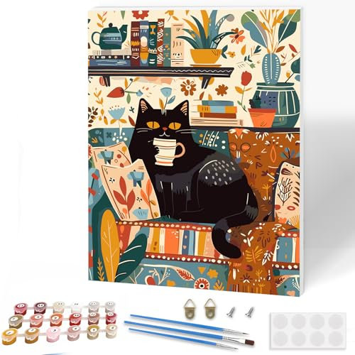 KEYIFA Paint by Numbers for Adults on Framed Canvas, Painting by Number Canvas Kits with Acrylic Paint Brushes, DIY Black Cartoon Cat Craft Oil Painting Art Kits for Adults, Home Wall Decor 30x40cm