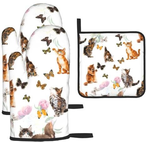 Set di 3 guanti da forno e presine a forma di gatto e farfalla, resistenti al calore, regalo da cucina per cucinare