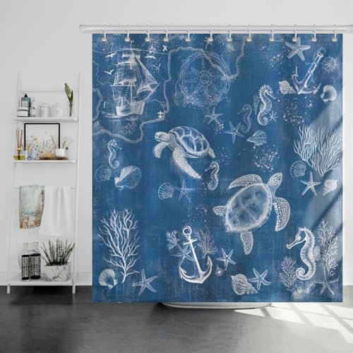 Dazzlewall Sea Turtle Shower Curtain, Retro Navy Blue Nautical Biological Waterproof Bathroom Curtain 180x180cm, Mould Resistant Polyester Fabric with 12 Hooks