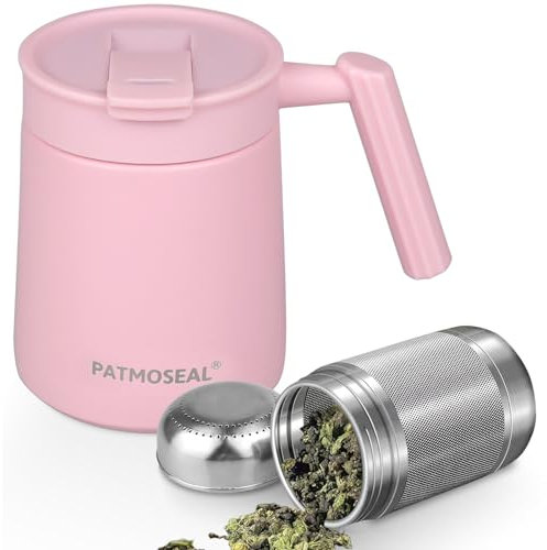 PATMOSEAL Vacuum Stainless Steel Cup Insulated Mug Leak-Proof with Tea Infuser for Loose Leaf, Fruit, Coffee, Milk, Soup, 500ml/16oz (Pink)