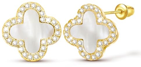 Kleeblatt Ohrringe Gold, Kleeblatt Goldene Ohrringe Damen Weiße Muschel, Ohrstecker Gold mit Mini Zirkon, Ohrstecker Schmuck Damen Geschenke für Frauen Geburtstage Jahrestag Weihnachten