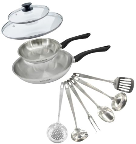 Fackelmann Ensemble Geneva 2 Poêles 20 et 28 cm Inox 18/8, 2 Couvercles Verre, 6 Ustensiles Inox, Poêle Tous Feux, Induction, Sans PFAS, Anthracite, 10 Pièces, 1 Unité
