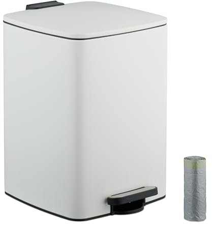 Relaxdays Mülleimer Küche, 20 Liter, entnehmbarer Inneneimer, Fußpedal, mit Müllbeutel, Tretmülleimer, Eisen, weiß