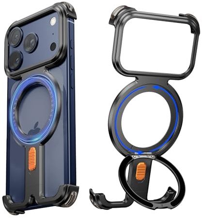 NIFBANG Aluminium Rahmenlose Hülle für iPhone 17 Pro mit Kickstand,360°Drehbar Magnetisch Stander,Metall Dünn Slim Handyhülle,Bumper Case Stoßfeste Schutzhülle für iPhone 17 Pro Cover(Schwarz)