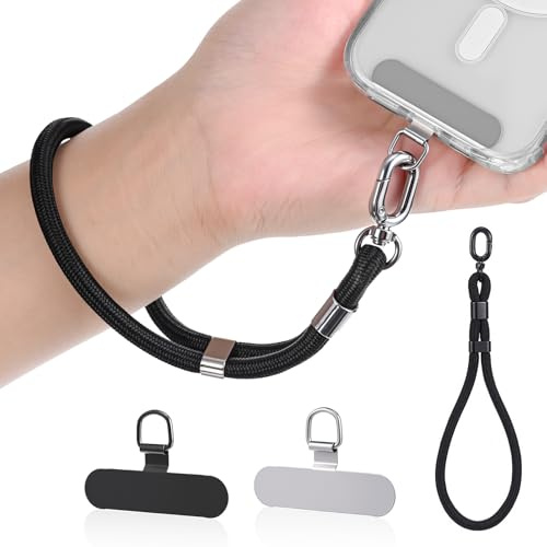 Qyoocom 2 Stück Universal Handykette Kurz mit Edelstahl Pad - Reißfeste Handy Handschlaufe für Handgelenk, Verstellbares Smartphone Lanyard Handyband für iPhone Samsung Google - Schwarz