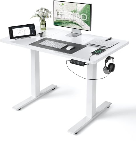FEZIBO Höhenverstellbarer Schreibtisch 120x60cm USB-C&USB-A Ladeanschl | Schreibtisch Höhenverstellbar Elektrisch, 72–118cm Hub, 80kg Tragkraft, Memory-Funktion mit 3 Höhen, Steh-Sitz Tisch, Weiß