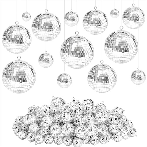 Uppsättning med 26 gnistrande discobollar - Med hängande ring - Mini-facettkula att hänga - För julgran, bröllop, hem, fest, födelsedagsfest - 5 storlekar - Silverfärgad