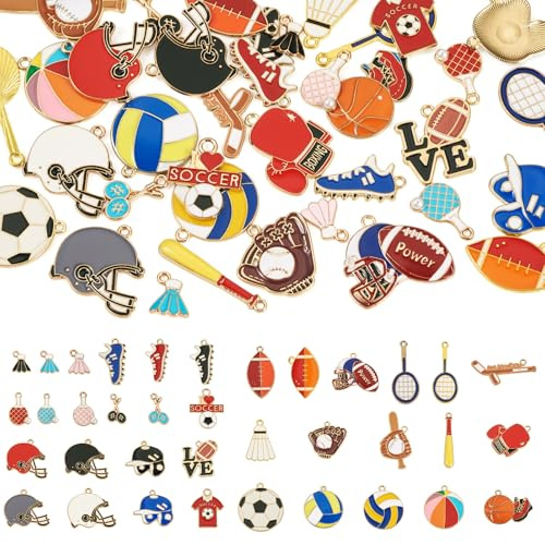 Sparkeads Charm-Anhänger mit Sportmotiven, Baseball-Legierung, Emaille, Helm, Schläger, Fußball, Badminton, baumelnde Charms für Ohrringe, Armbänder, Halsketten, Schmuckherstellung, 36 Stück