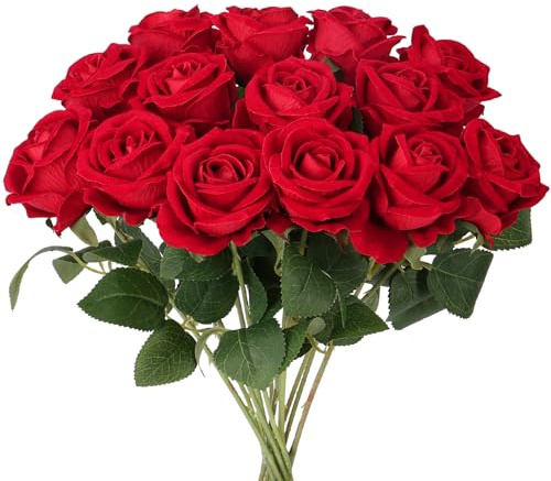 Auihiay 14PCS Red Roses Artificial Flowers, Fake Red Roses Bouquet with Long Stems for Mother's Day, Romantic Valentine's Day, Anniversary, Wedding & Home Decoration