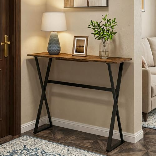 Manora Slim Console Table Behind Sofa X Metal Leg Brown Console Table | Narrow modern entryway side console table, multi-use sofa table for hallway, entrance, bedroom and office decor