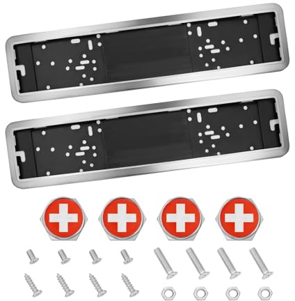 KUNIO Universal Kennzeichenhalter Nummernschildhalter Passt für alle Fahrzeuge ABS Wechsel Kennzeichenhalter Autozubehör Personalisierte Dekoration mit Nationalflagge Schweiz Silber