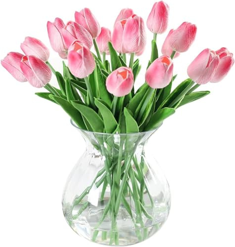 Tifuly 10 Stück Künstliche Tulpen, 33 cm Kunstblumen Latexmaterial Tulpe mit Stiel,Künstliche Blumen Wie Echt, Blumensträuße für Hochzeit Wand Garten Home Decoration (Rosa)