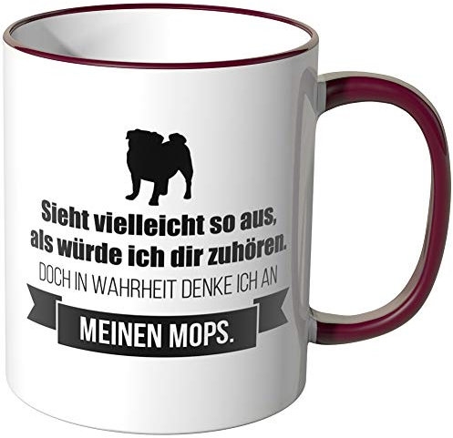 JUNIWORDS Tasse - Ich denke an Mops - Wähle Motiv & Farbe - Bordeaux