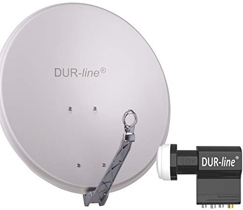 DUR-line 6 Teilnehmer Unicable-Set - Qualitäts-Alu-Satelliten-Komplettanlage - Select 60cm/65cm Spiegel/Schüssel Hellgrau + Unicable LNB(UK 104) - für 6 Receiver/TV [Neuste Technik, DVB-S2, 4K, 3D]