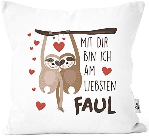 MoonWorks® Kissen-Bezug Spruch Mit dir Bin ich am liebsten faul Faultier Geschenk Liebe Freundschaft Valentinstag Geburtstag Freund Freundin weiß Unisize