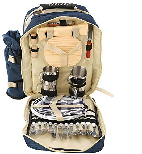 scosao Picknickrucksack 4 Personen Kühltasche Picknickset mit Kühlfach Isolierter, Abnehmbarer Weinhalter, Teller und Besteck-Set, für Outdoor, Wandern, Camping, Grillen,Blue