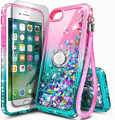 NGB Compatible for iPhone 6 6S 7 8 Case, iPhone SE 3 2022/iPhone SE 2 2020 Case with Tempered Glass Screen Protector, Ring Holder, Girls Women Kids Liquid Glitter TPU Cute Case (Pink/Aqua)