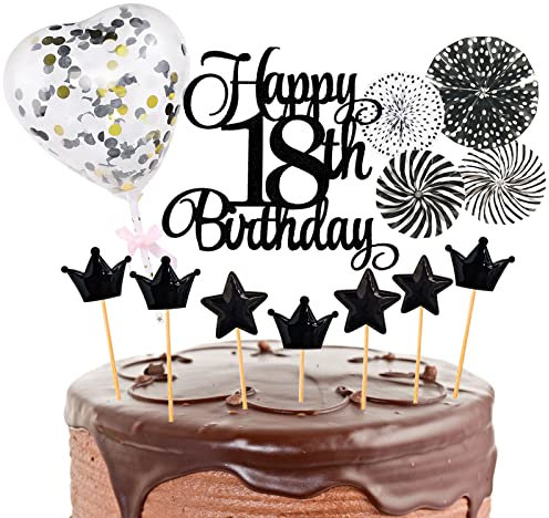 Happy Birthday Tortendeko 18. Junge,Glitzer Cake Topper 18. Geburtstag,Tortendeko 18 Geburtstag Junge,18th Happy Birthday Cake Topper,Kuchen Topper 18 Junge,18. Geburtstagstorte Topper(Schwarz)