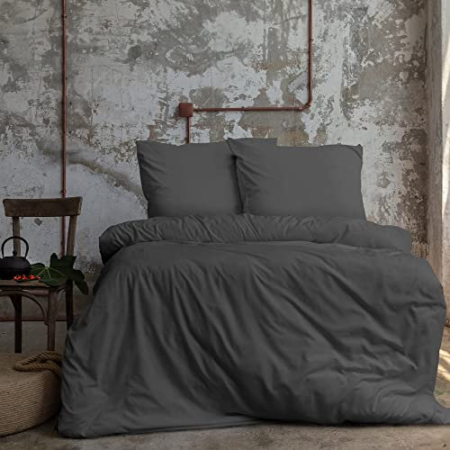 Komfortec Premium Bettwäsche 240x220 mit 2 Kissenbezug 80x80 cm Set aus Gebürstetes Mikrofaser - Anthrazit