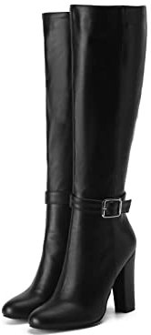 Frankie Hsu Stivali al ginocchio con tacco alto, stile polpaccio nero, fibbia design punta rotonda scarpa classica per le donne US4-14, nero, 39.5 EU