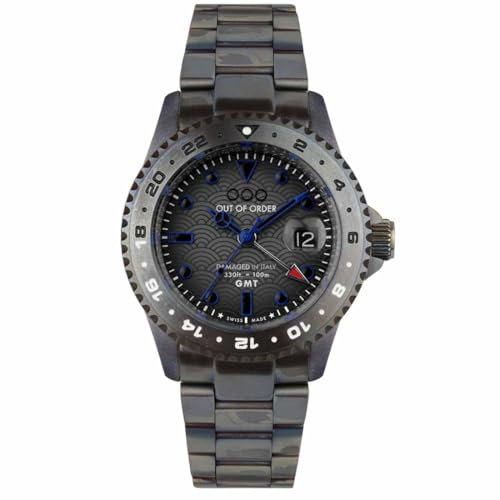 Out of Order GMT TOKYO Stahl Swiss Made Quarz Blau Grau Datum Herrenuhr, Armband