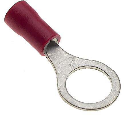 Ring Crimp Terminals - Pack of 100, Red, 8mm, 25A, 22-16 AWG - Heat Shrink Ring Connectors, Tinned Copper, Insulated Wire Terminals