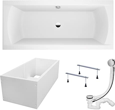 KOLMAN Badewanne INES Rechteck 170x75 mit Wannenträger, Ablaufgarnitur und Füßen Komplettset 4in1 Premium Original Acryl Wanne Siphon