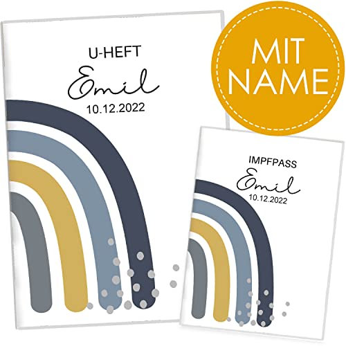 Cozy Racoon U-Heft- und Impfpasshülle mit Personalisierung | 3- teiliges Set | Hochwertige Hülle für Untersuchungsheft und Impfpass Deines Kindes | Regenbogen Blau (mit Personalisierung)