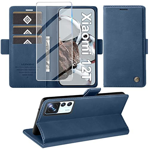 Giyer Handyhülle für Xiaomi 12T/12T Pro 5G Hülle mit Schutzfolie, Standfunktion Kartenfach Wallet Premium Leder Schutzhülle 12T Pro Flip Case Cover Stoßfeste Klapphülle 12T 5G 6.67 Zoll (Blau)