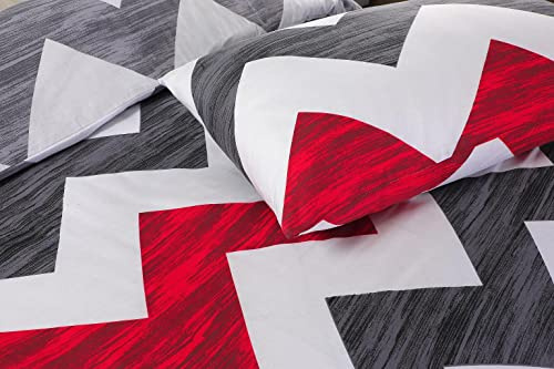 Homespace Direct Zig Zag Stripe King Bedding Duvet Cover Set Modern Style Red/Grey Polycotton