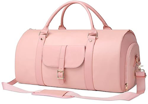 BOLOSTA Handgepäck-Kleidersack für Damen, mit Schuhfach, 2-in-1, Leder, wandelbar, Reisetasche, Anzugtasche zum Aufhängen von Kleidung, langen Kleidern, Geburtstagsgeschenken für sie, Rosa, Pink