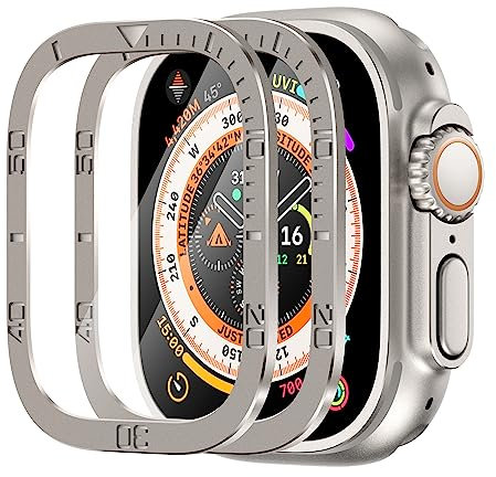 SWUU 2 pellicole proteggi schermo in vetro temperato con telaio in lega di titanio, compatibile con Apple Watch Ultra 2/Ultra 49 mm, anello impermeabile per iWatch da 49 mm in titanio, confezione da 2