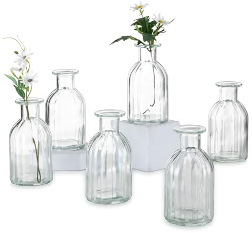 Glass Vases for Christmas Table Decoration - Inweder Set of 6 Small Flower Vases Vintage Ribbed Bud Vase Narrow Neck Clear Glass Bottles Wedding Centrepieces Plant Propagation Station Room Decor