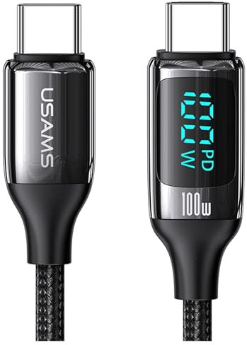 P4Y Cable USB-C a USB-C US-SJ546 U78 para carga y transferencia de datos 100W PD Carga rápida hasta 5A Material: Nylon + Aluminio Disposición inteligente Pantalla LED 1,2m Negro