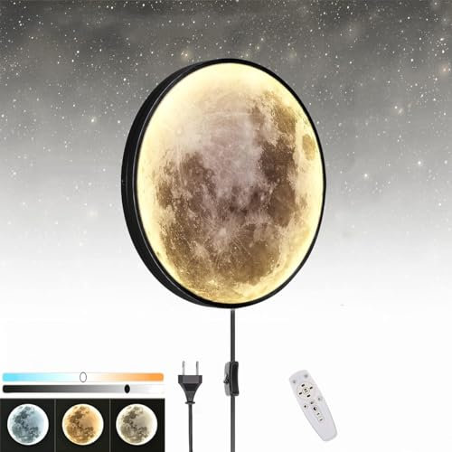 EOEO LED Mond Wandleuchte Innen mit Fernbedienung 35W Dimmbar Kinderzimmer Wandlampe Bettlampe mit Schalter und Kabel Stecker Wohnzimmer Dekoration Mondlampe Wandbeleuchtung Wand Flurlampe,Ø50cm