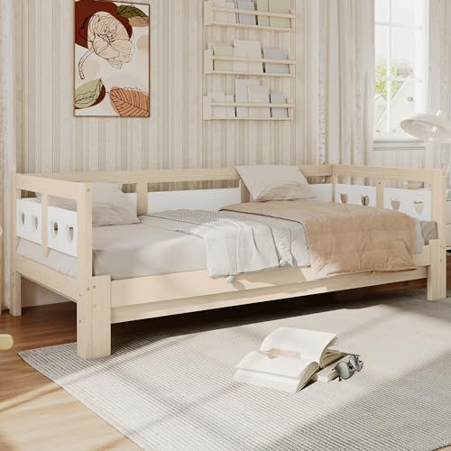 ZYLOYAL10 Daybett Tagesbett,Ausziehbar Bett,Kiefer massiv, mit 2. Schlafgelegenheit und Rollrost Herzform Bett (Weiß&Natürlich)