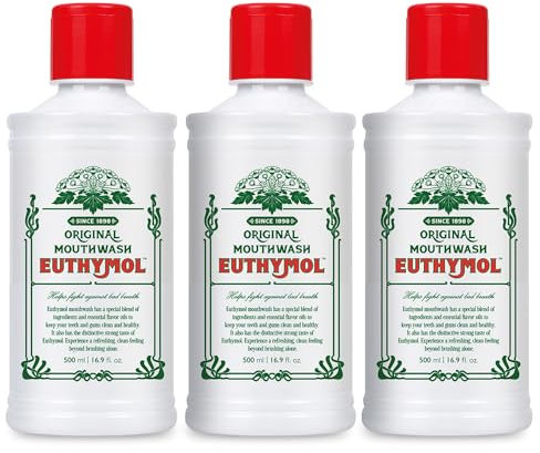 Euthymol Original Mouthwash 500ml x 3, Mundspülung ohne fluorid, Alkoholfrei Mundwasser, Reduzieren Zahnstein Zahnfleisch Entzündung, Erfrischt den Atem, Mundgeruch bekämpfen, Täglich Zahnpflege