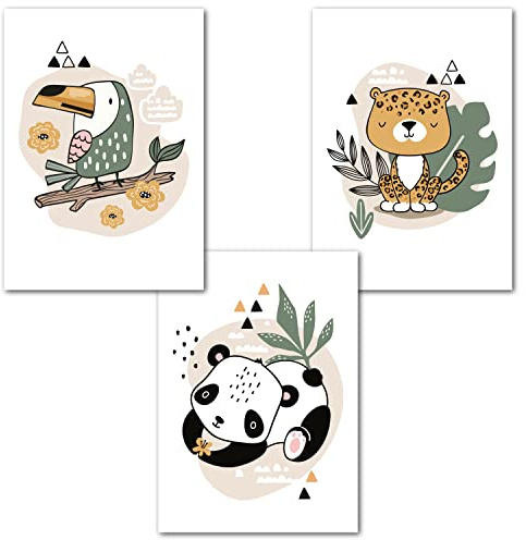 Ninky® Bilder Kinderzimmer | 3er Set Bilder DIN A4 | Wandbilder Babyzimmer Deko | Safari Tiere Dschungel Poster Wandposter Deko Babyzimmer (Set 3 - Tukan Panda Leopard)