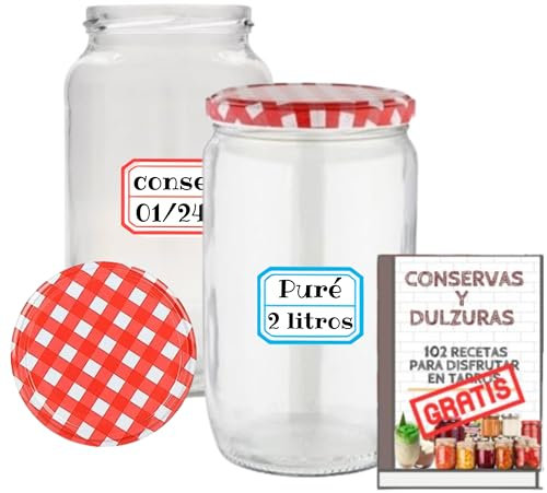 4 Tarros de Cristal de 2 litros con Tapas de Metal + Ebook de 102 Recetas - Frascos grandes para Conservas, Encurtidos, Alimentos Caseros - Incluye Etiquetas (4)